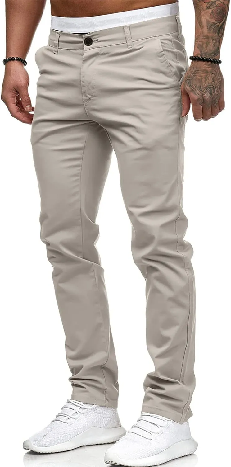 Men's Casual Pants Solid Pocket Button Mid Waist Work Trousers Relaxed Fit Straight Leg Long Pants