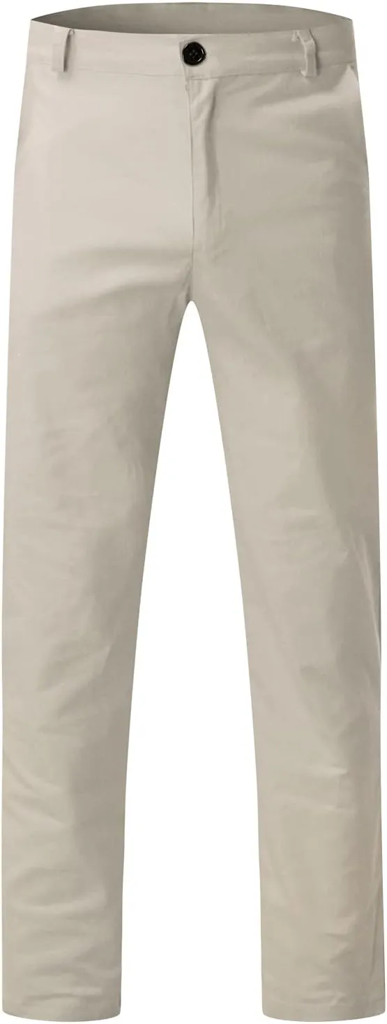 Men's Casual Pants Solid Pocket Button Mid Waist Work Trousers Relaxed Fit Straight Leg Long Pants