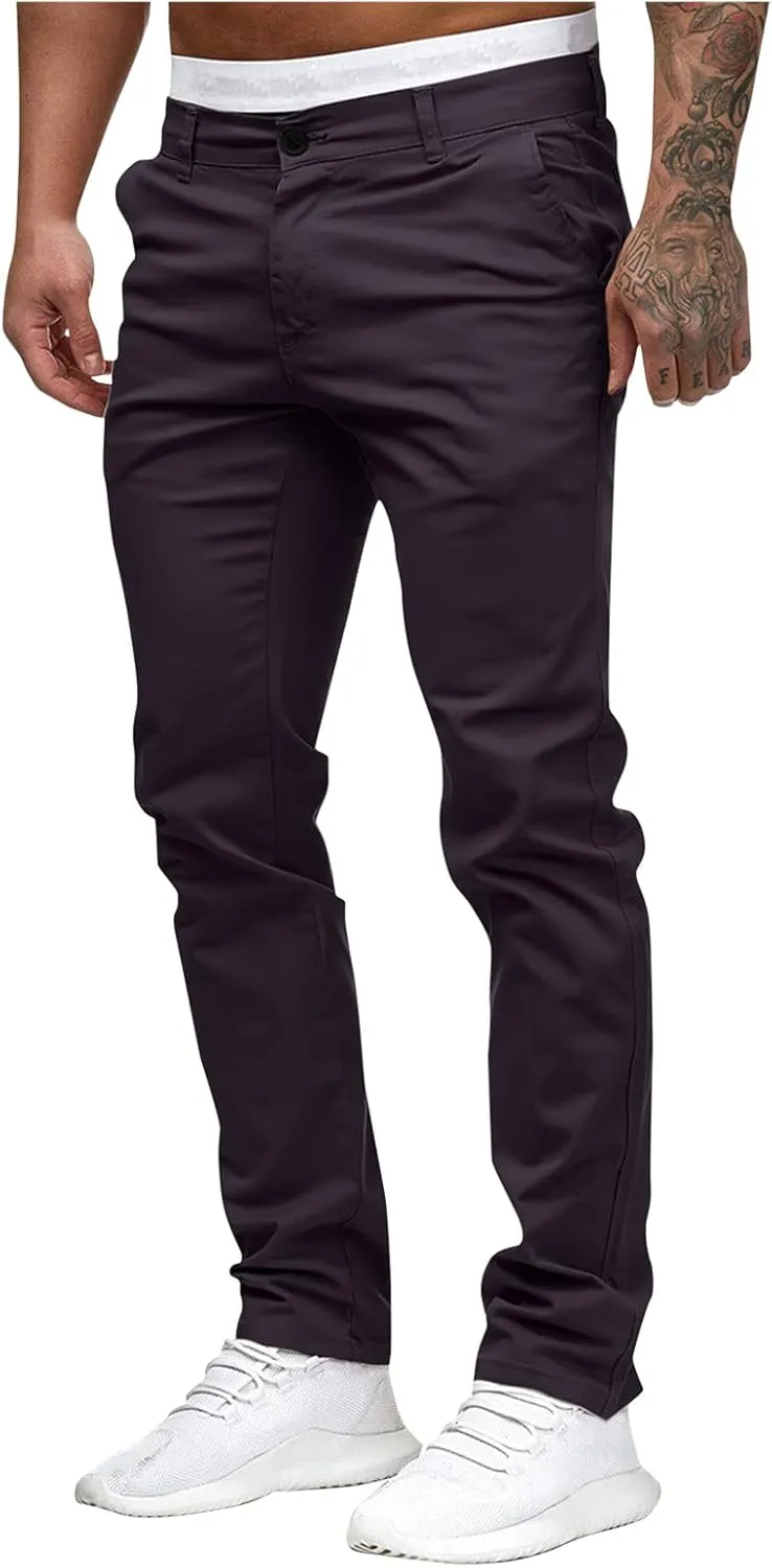 Men's Casual Pants Solid Pocket Button Mid Waist Work Trousers Relaxed Fit Straight Leg Long Pants