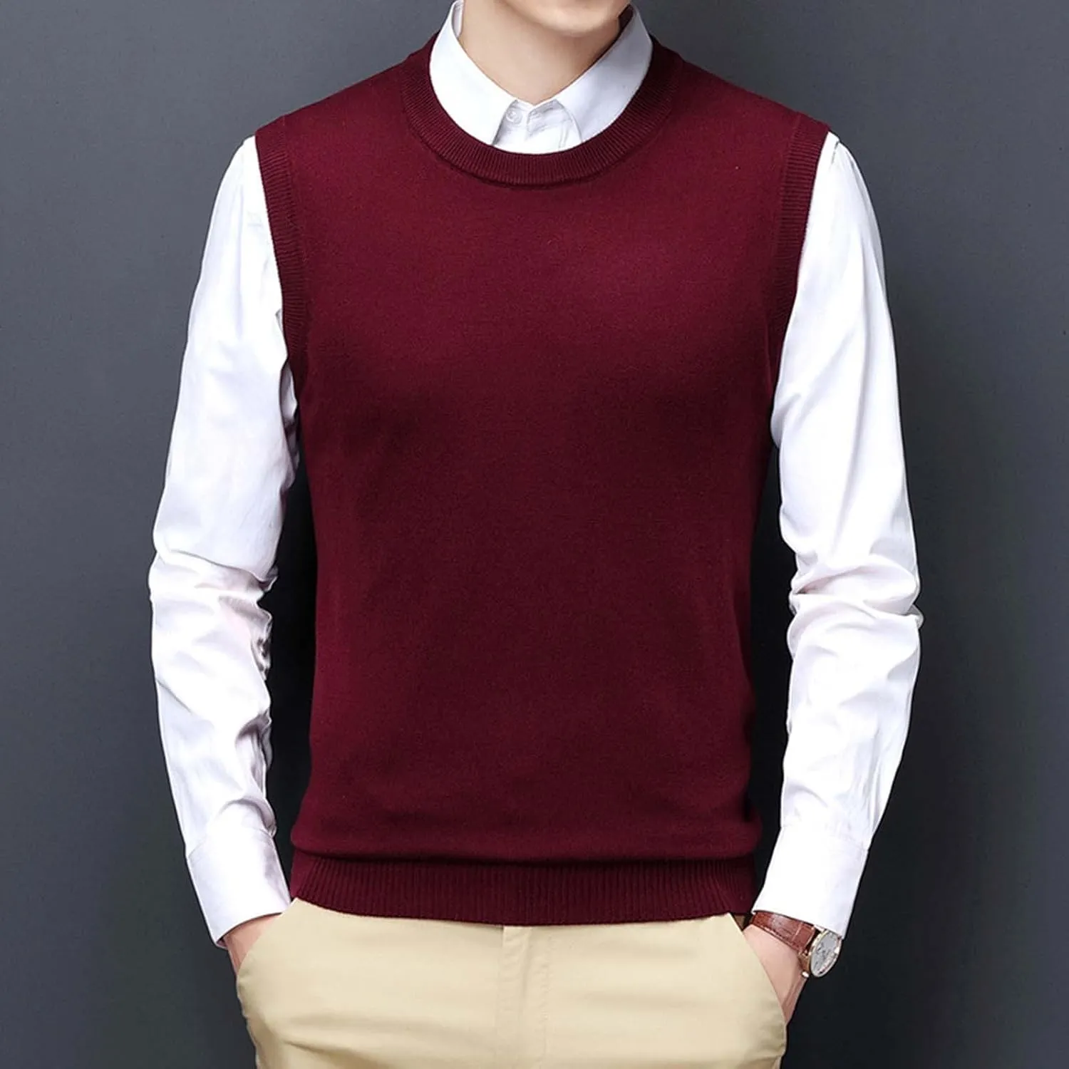 Men's Crewneck Vest Sweater Sleeveless Knitted Pullover Solid Color Texture Tops Lightweight Casual Loose Sweaters