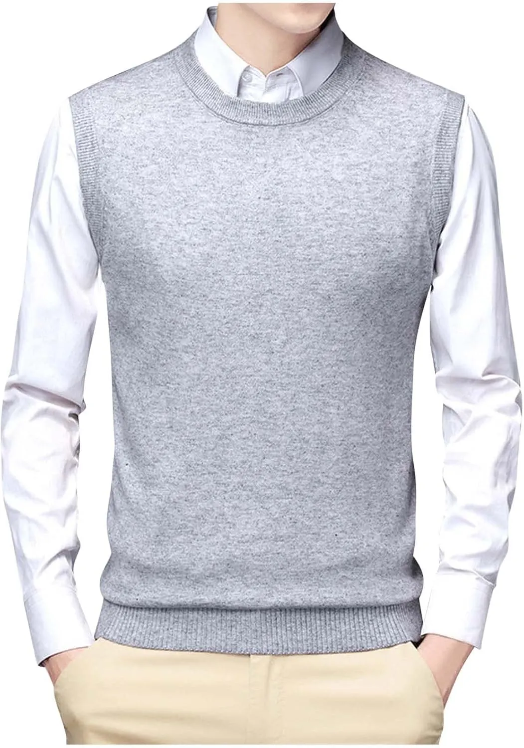 Men's Crewneck Vest Sweater Sleeveless Knitted Pullover Solid Color Texture Tops Lightweight Casual Loose Sweaters