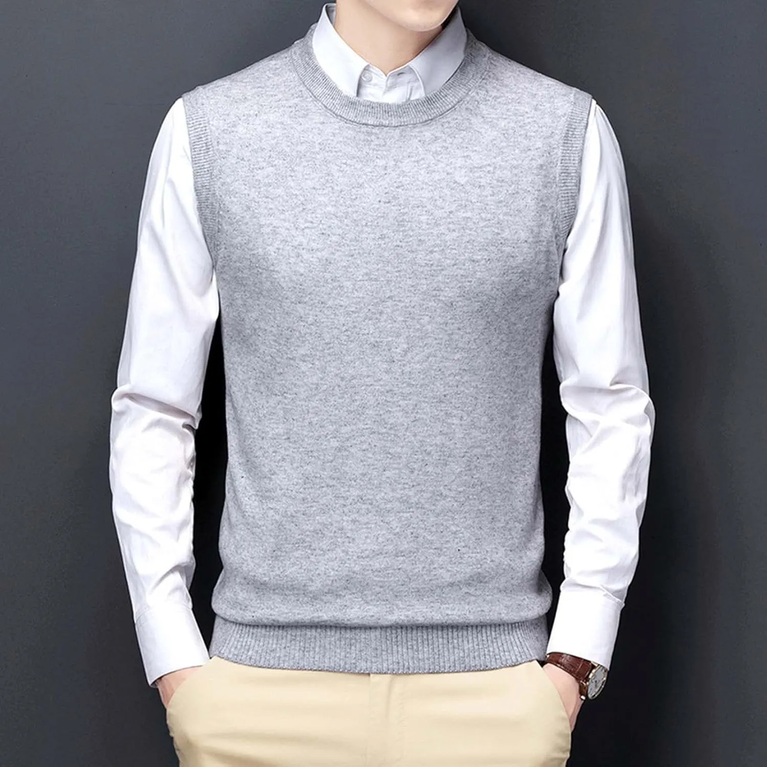 Men's Crewneck Vest Sweater Sleeveless Knitted Pullover Solid Color Texture Tops Lightweight Casual Loose Sweaters