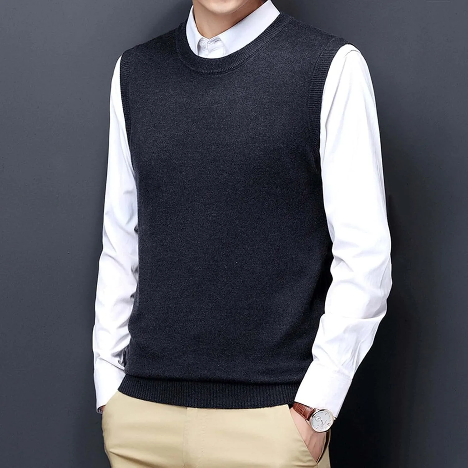 Men's Crewneck Vest Sweater Sleeveless Knitted Pullover Solid Color Texture Tops Lightweight Casual Loose Sweaters