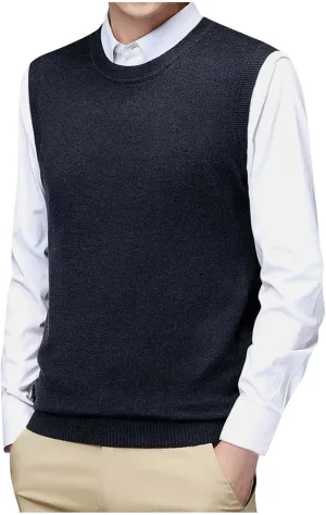 Men's Crewneck Vest Sweater Sleeveless Knitted Pullover Solid Color Texture Tops Lightweight Casual Loose Sweaters