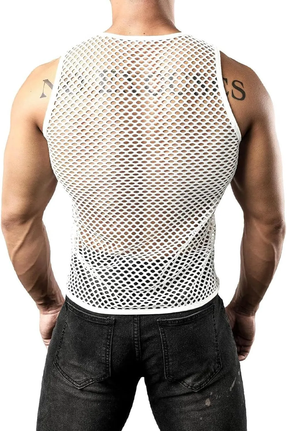 Mens Fishnet Mesh Muscle Shirts Top See Thru Workout Gym Shirts Mesh Base Layer Fishnet Sexy Top Fitted Crew Neck Tee