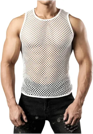 Mens Fishnet Mesh Muscle Shirts Top See Thru Workout Gym Shirts Mesh Base Layer Fishnet Sexy Top Fitted Crew Neck Tee