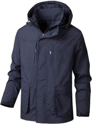Men's Lightweight Windproof Hooded Jacket Outdoor Hiking Travel Casual Stand Collar Coats Soft Shell Winter Coat