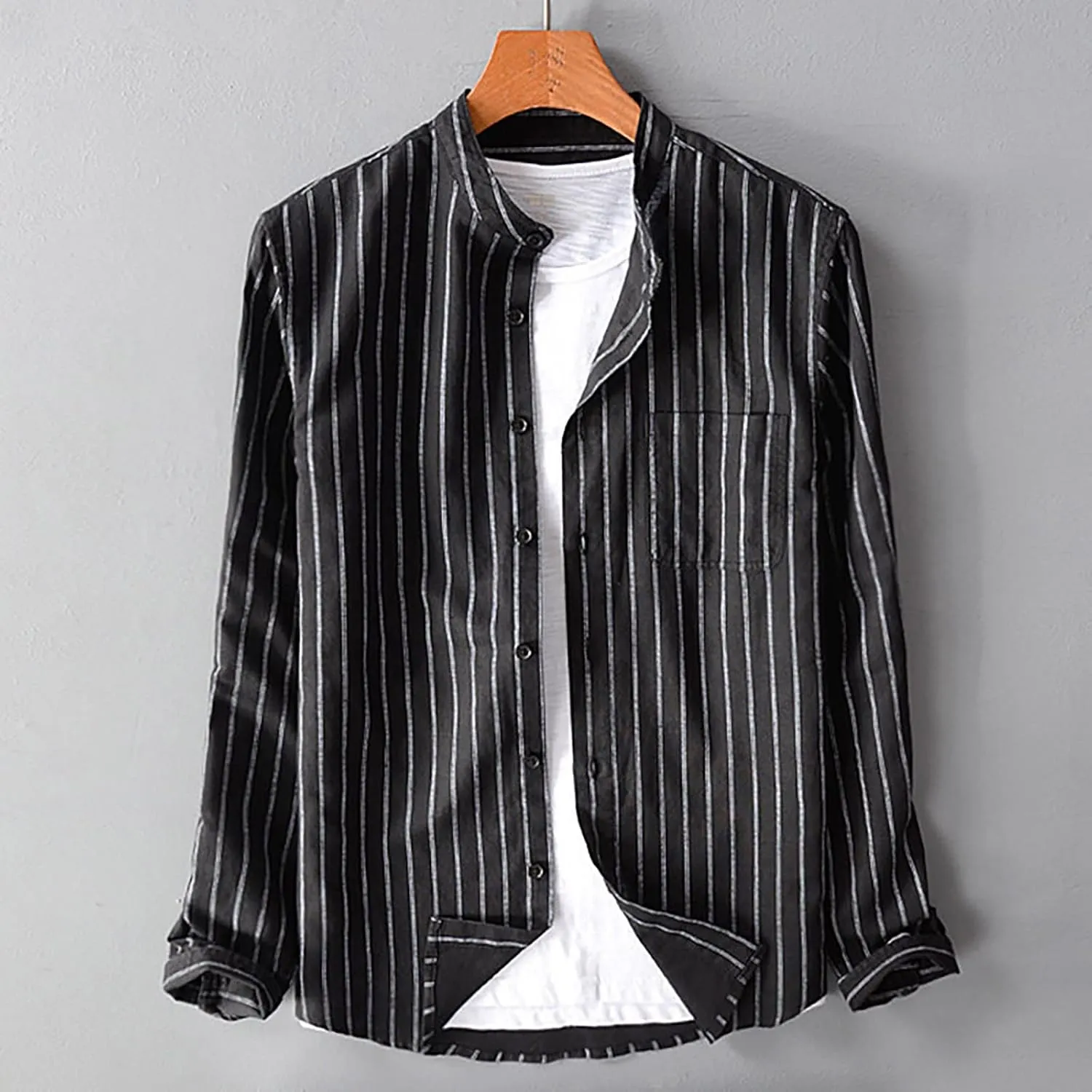 Men's Long Sleeve Dress Shirt Button Down Striped Shirts Relaxed Fit Casual Tee Shirt Stand Collar Linen Beach Tops