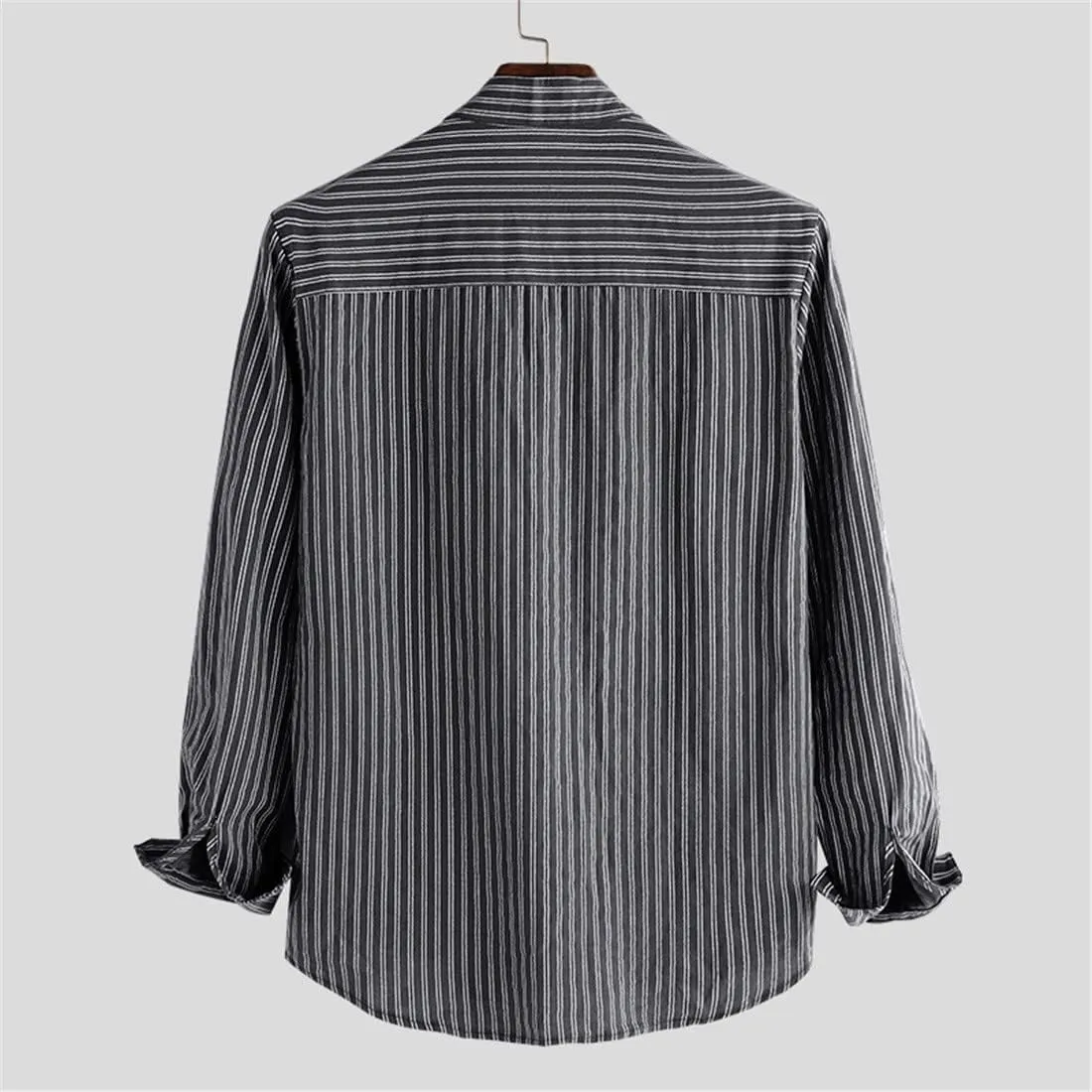 Men's Long Sleeve Dress Shirt Button Down Striped Shirts Relaxed Fit Casual Tee Shirt Stand Collar Linen Beach Tops