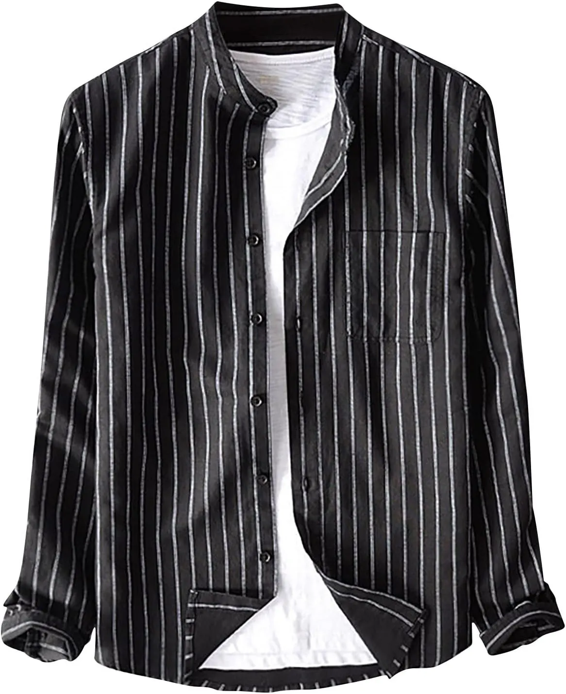 Men's Long Sleeve Dress Shirt Button Down Striped Shirts Relaxed Fit Casual Tee Shirt Stand Collar Linen Beach Tops