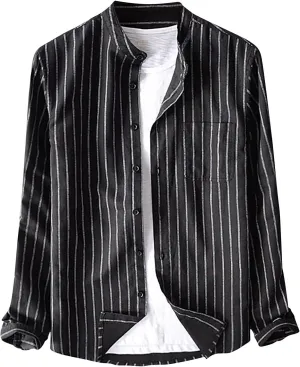 Men's Long Sleeve Dress Shirt Button Down Striped Shirts Relaxed Fit Casual Tee Shirt Stand Collar Linen Beach Tops