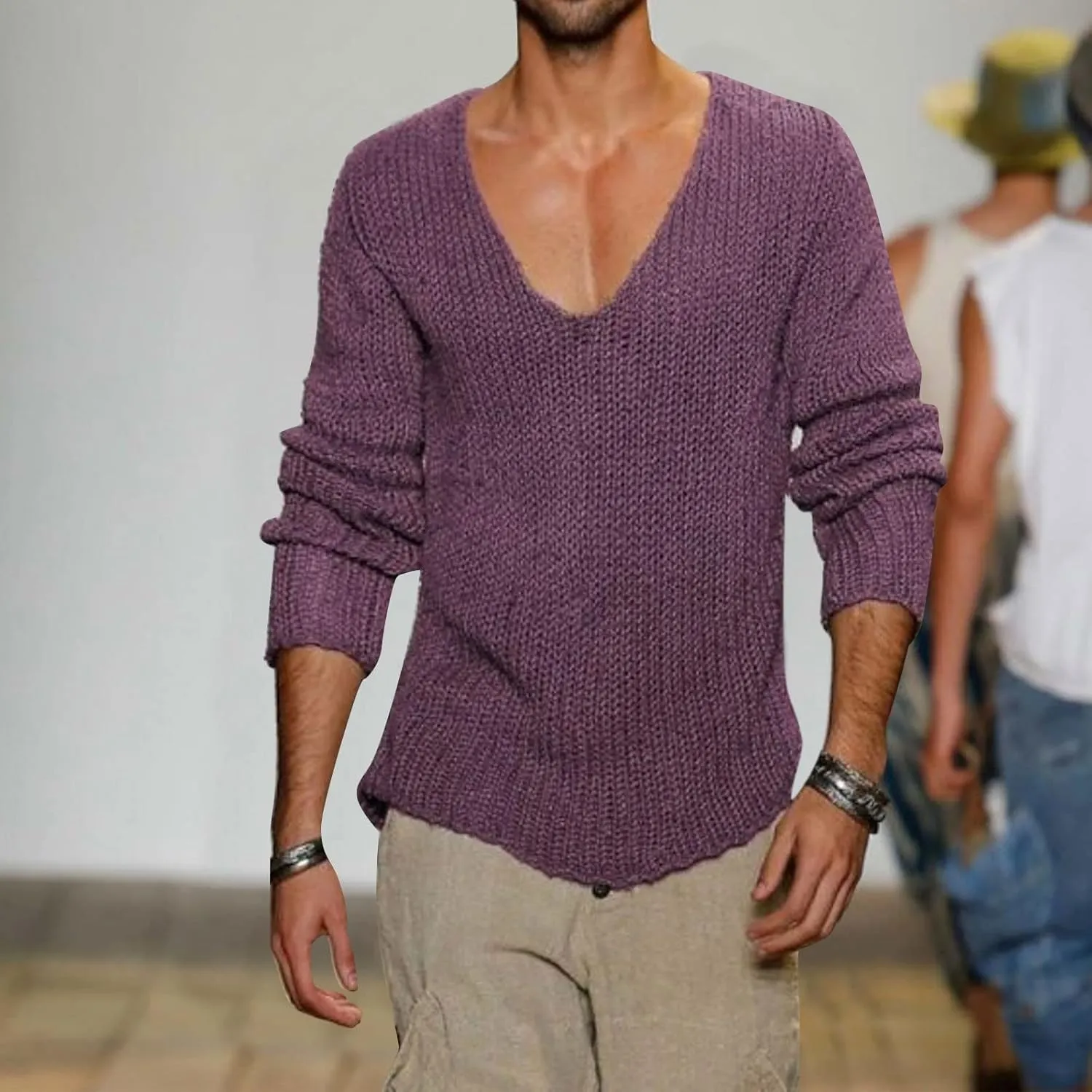 Men's Oversized Sweaters V Neck Long Sleeve Knitted Lightweight Sweaters Autumn Solid Comfortable Gym Sportswear