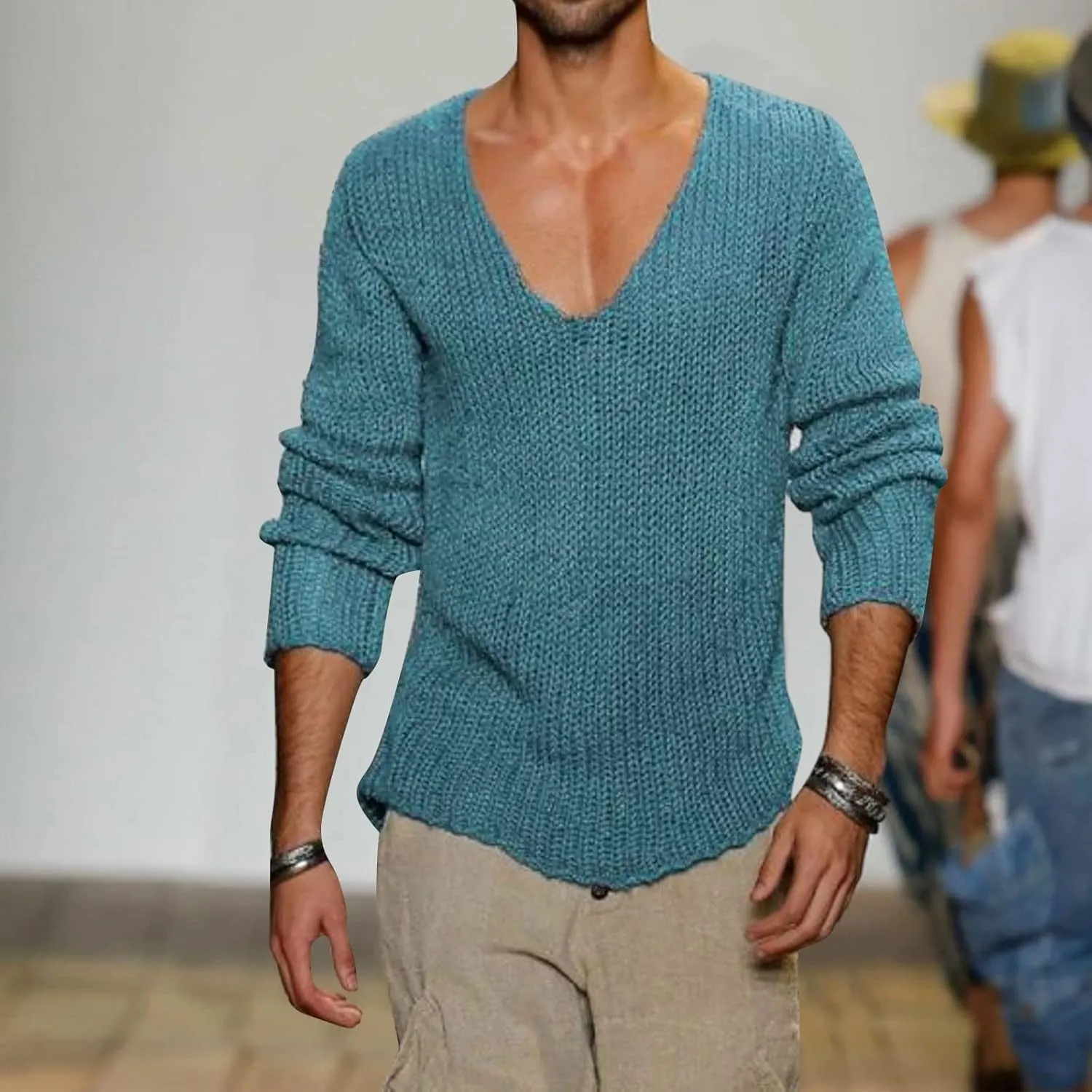 Men's Oversized Sweaters V Neck Long Sleeve Knitted Lightweight Sweaters Autumn Solid Comfortable Gym Sportswear