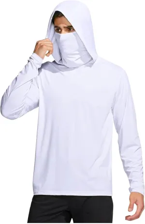 Men's UPF 50  Fishing Hoodie Shirts SPF UV Sun Shirts with Gaiter Rash Guard Long Sleeve Outdoor Hiking Swim T-Shirts