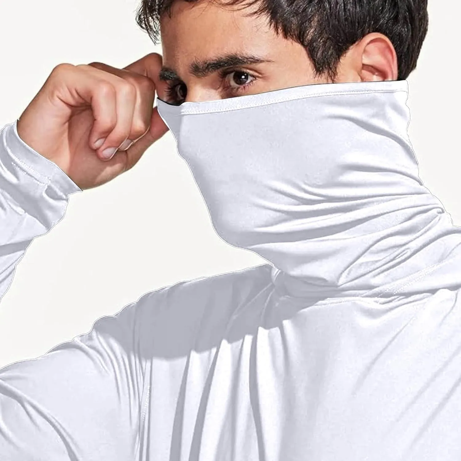 Men's UPF 50  Fishing Hoodie Shirts SPF UV Sun Shirts with Gaiter Rash Guard Long Sleeve Outdoor Hiking Swim T-Shirts