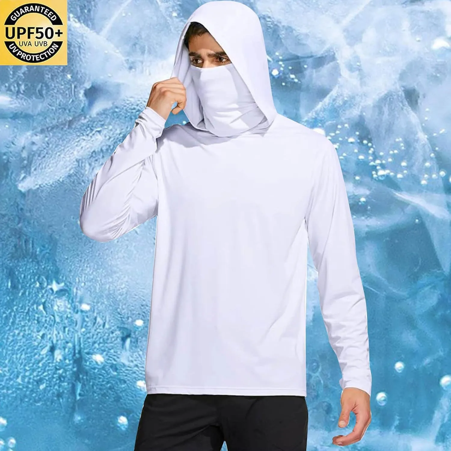 Men's UPF 50  Fishing Hoodie Shirts SPF UV Sun Shirts with Gaiter Rash Guard Long Sleeve Outdoor Hiking Swim T-Shirts