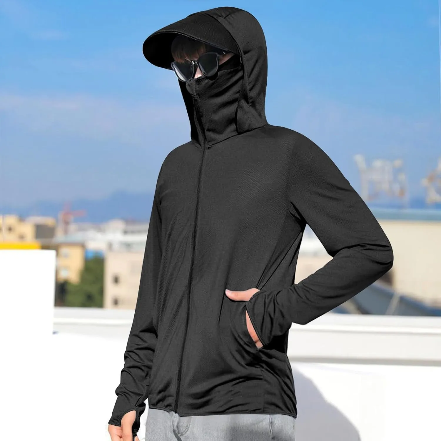 Men's UPF 50  Full Zip Fishing Hoodies Sun Shirts with Mask UV Neck Gaiter Hoodie Quick Dry Long Sleeve Hiking Shirts