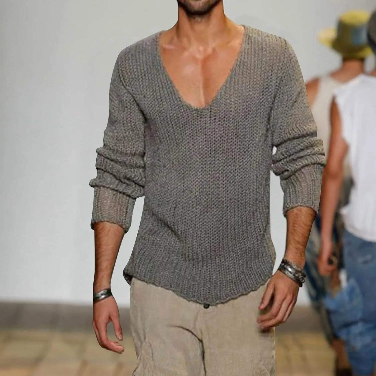 Men's V Neck Sweater Lightweight Slim Fit Pullover Solid Color Knitted Knitwear Casual Loose Tops Fall Winter Outwear
