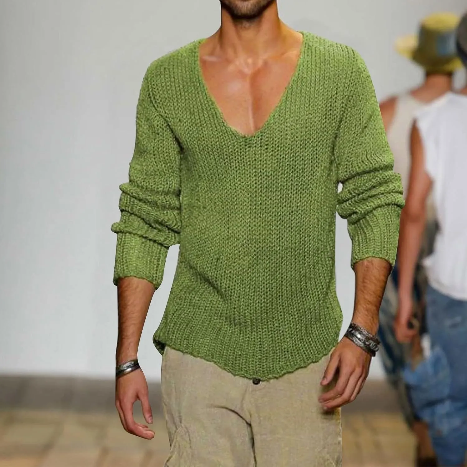 Men's V Neck Sweater Lightweight Slim Fit Pullover Solid Color Knitted Knitwear Casual Loose Tops Fall Winter Outwear