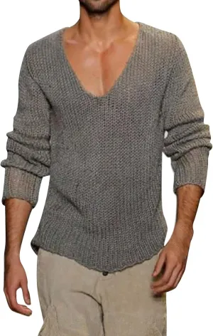 Men's V Neck Sweater Lightweight Slim Fit Pullover Solid Color Knitted Knitwear Casual Loose Tops Fall Winter Outwear
