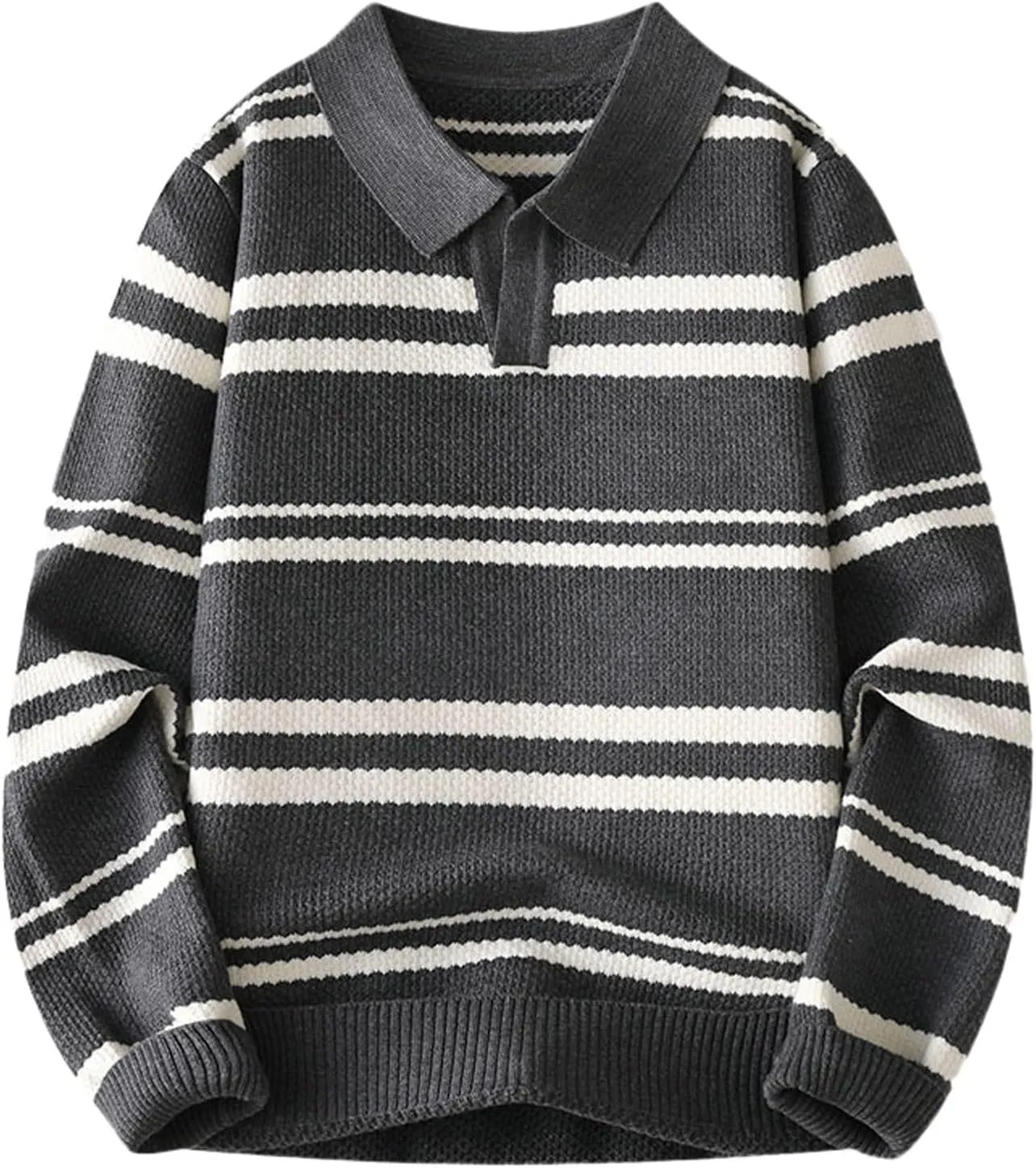 Men's V Neck Sweater Long Sleeve Striped Pullover Knitted Ribbed Tops Lightweight Knitwear Casual Loose Polo Sweater