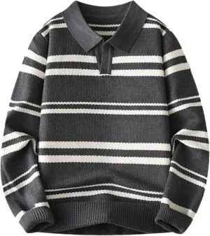 Men's V Neck Sweater Long Sleeve Striped Pullover Knitted Ribbed Tops Lightweight Knitwear Casual Loose Polo Sweater