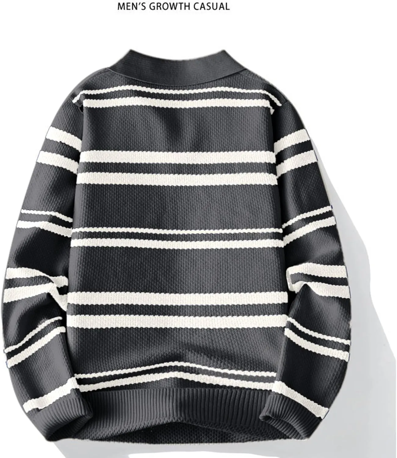 Men's V Neck Sweater Long Sleeve Striped Pullover Knitted Ribbed Tops Lightweight Knitwear Casual Loose Polo Sweater