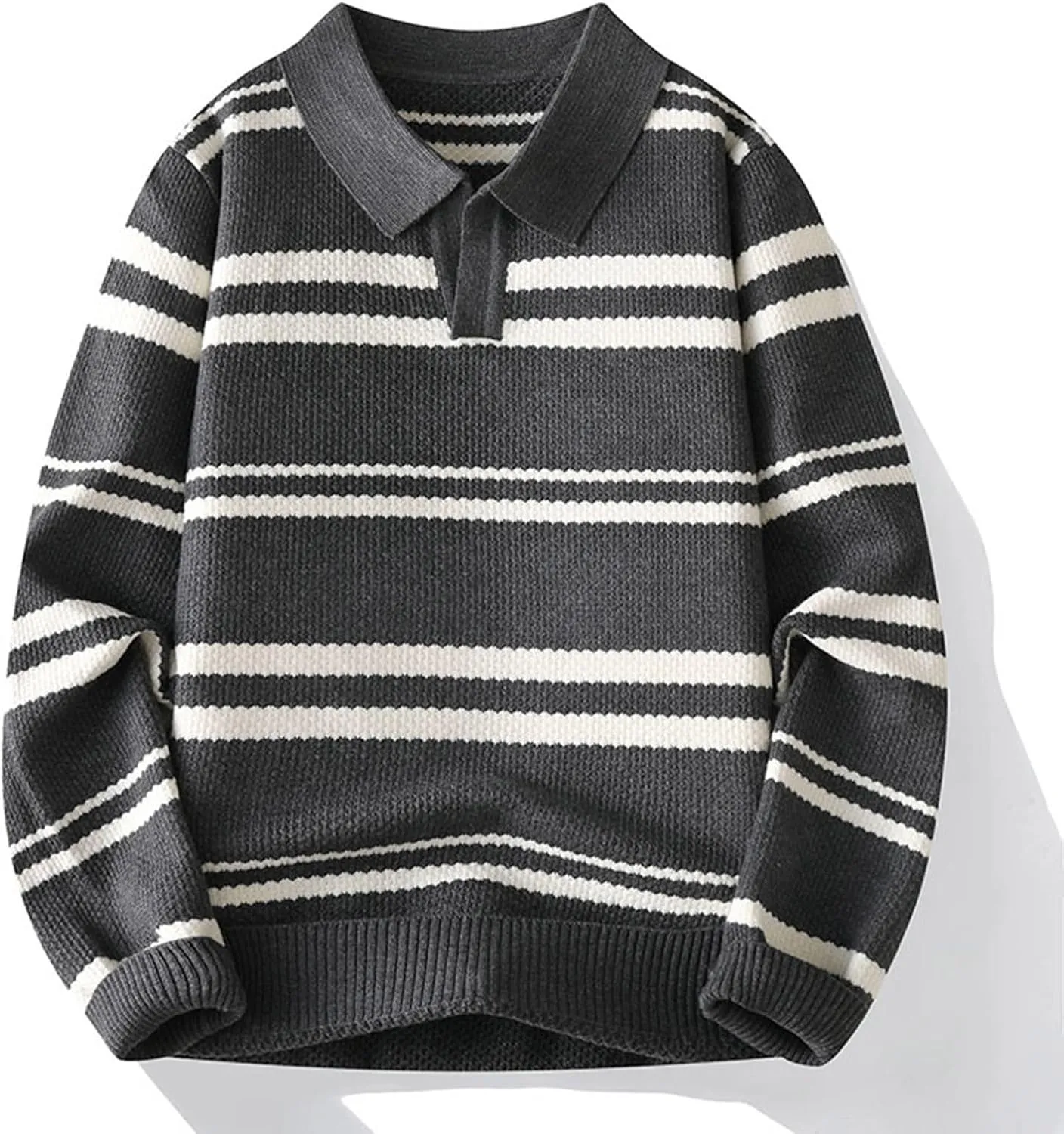 Men's V Neck Sweater Long Sleeve Striped Pullover Knitted Ribbed Tops Lightweight Knitwear Casual Loose Polo Sweater
