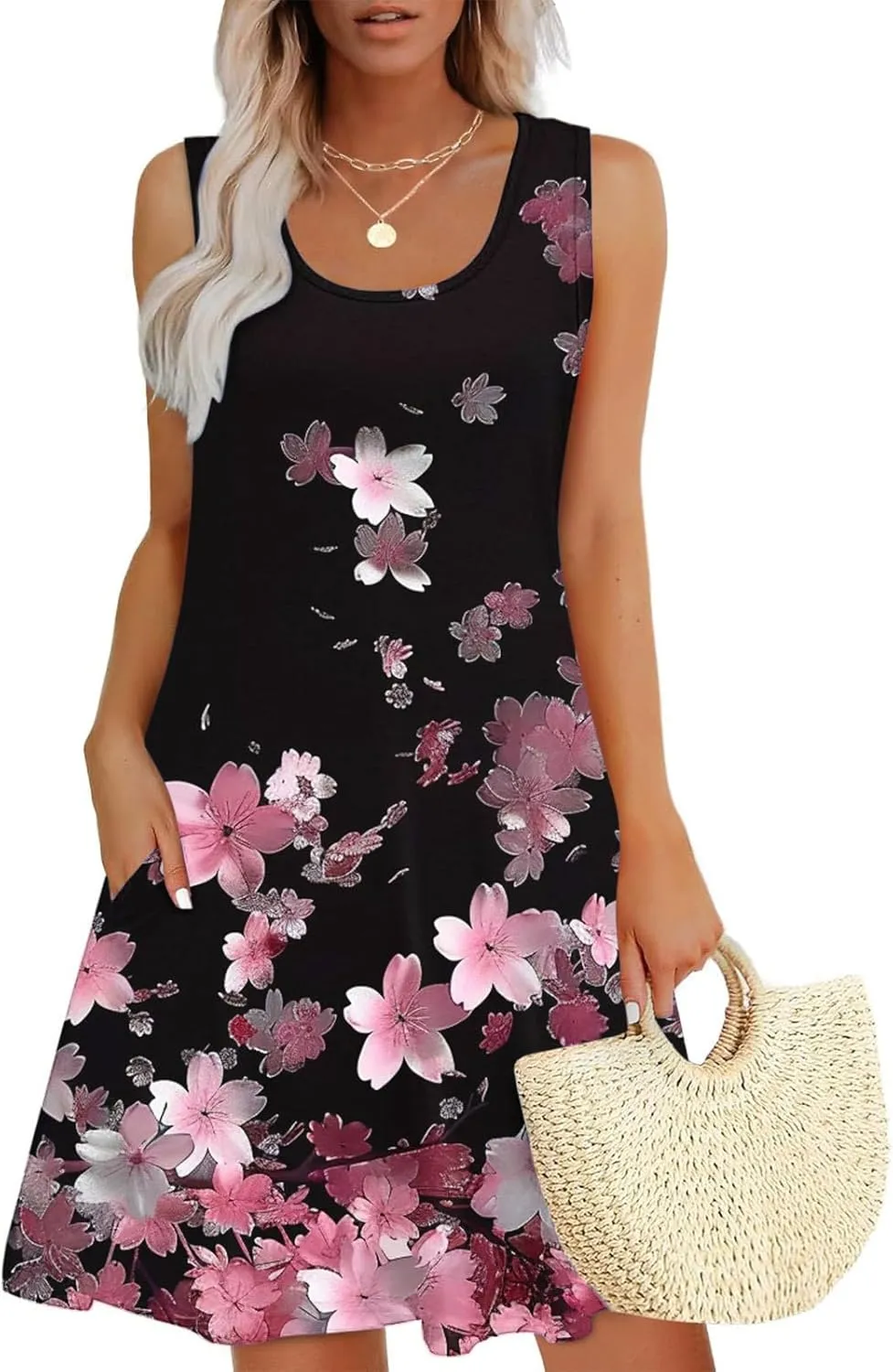Midi Dress for Women Floral Print Sleeveless Summer Dresses Boho Flowy Casual Dress Beach Vacation Sundress