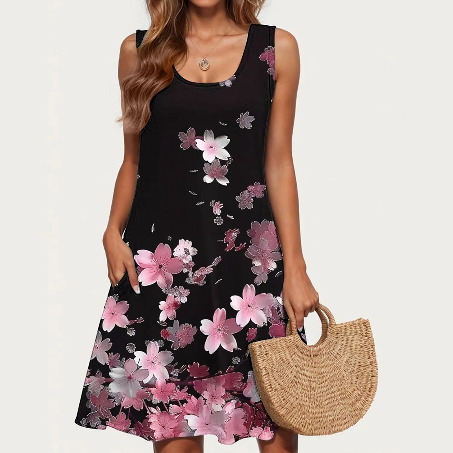 Midi Dress for Women Floral Print Sleeveless Summer Dresses Boho Flowy Casual Dress Beach Vacation Sundress