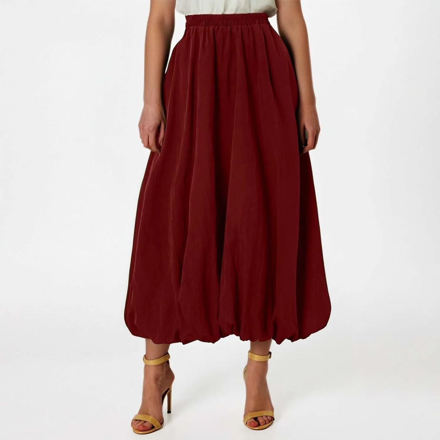 Midi Skirts for Women Flowy High Elastic Waist Tummy Control Loose Solid Color Maxi Skirts for Summer Vacation