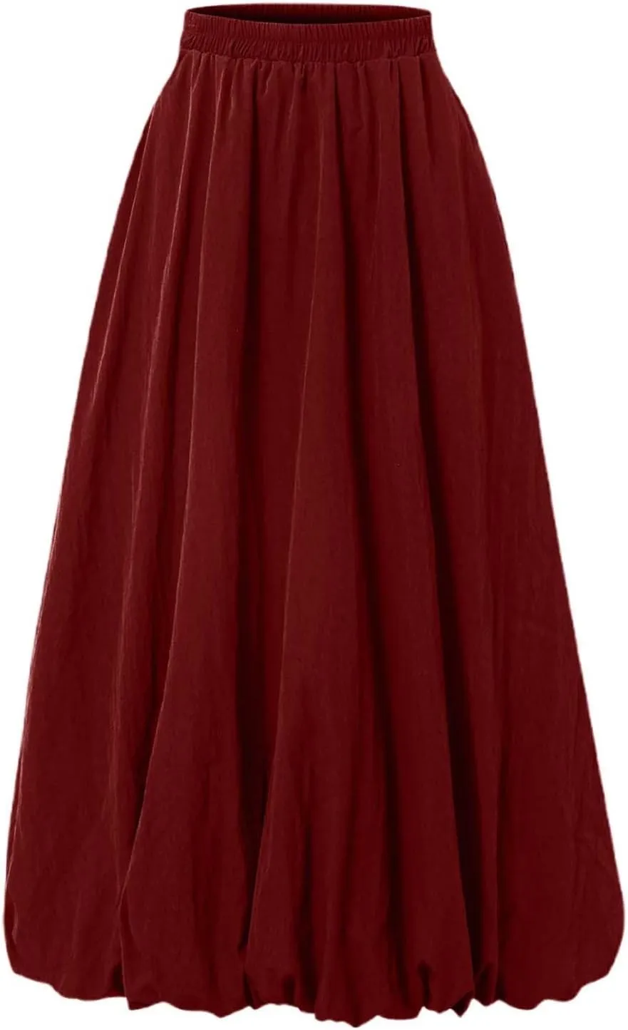 Midi Skirts for Women Flowy High Elastic Waist Tummy Control Loose Solid Color Maxi Skirts for Summer Vacation