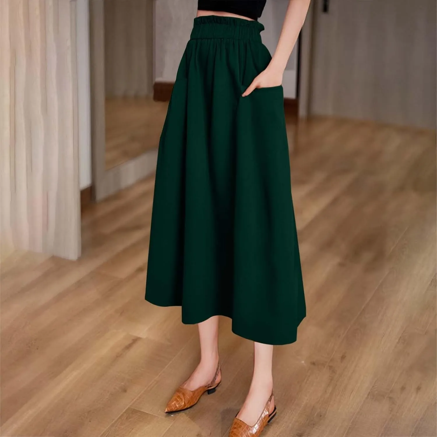 Midi Skirts for Women High Elastic Waist Loose Casual Flowy A-Line Summer Vacation Maxi Skirts with Pockets Streetwear