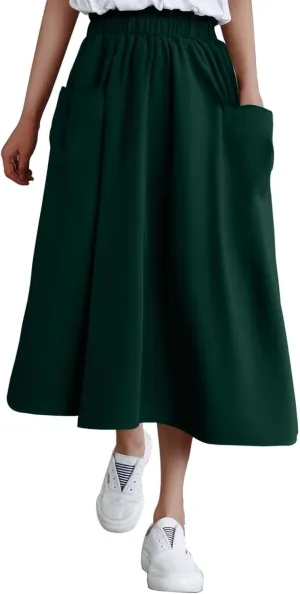 Midi Skirts for Women High Elastic Waist Loose Casual Flowy A-Line Summer Vacation Maxi Skirts with Pockets Streetwear