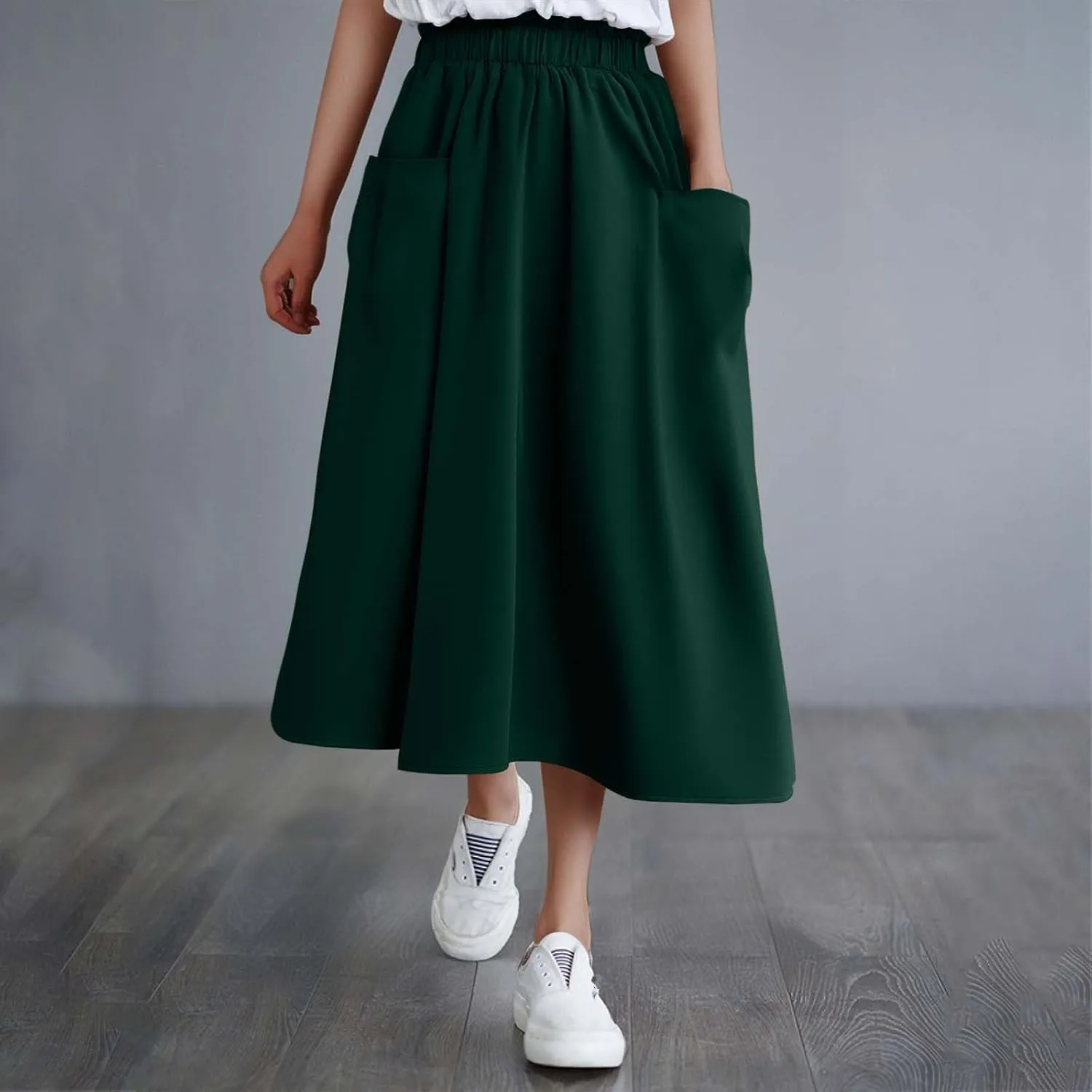 Midi Skirts for Women High Elastic Waist Loose Casual Flowy A-Line Summer Vacation Maxi Skirts with Pockets Streetwear