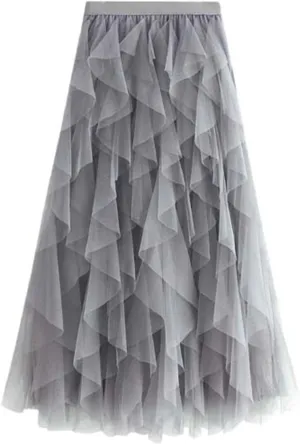 Midi Skirts for Women Lightweight Tummy Control High Elastic Waist Lace Sheer Ruffle Hem A-Line Palazzo Skirts