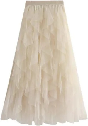 Midi Skirts for Women Lightweight Tummy Control High Elastic Waist Lace Sheer Ruffle Hem A-Line Palazzo Skirts