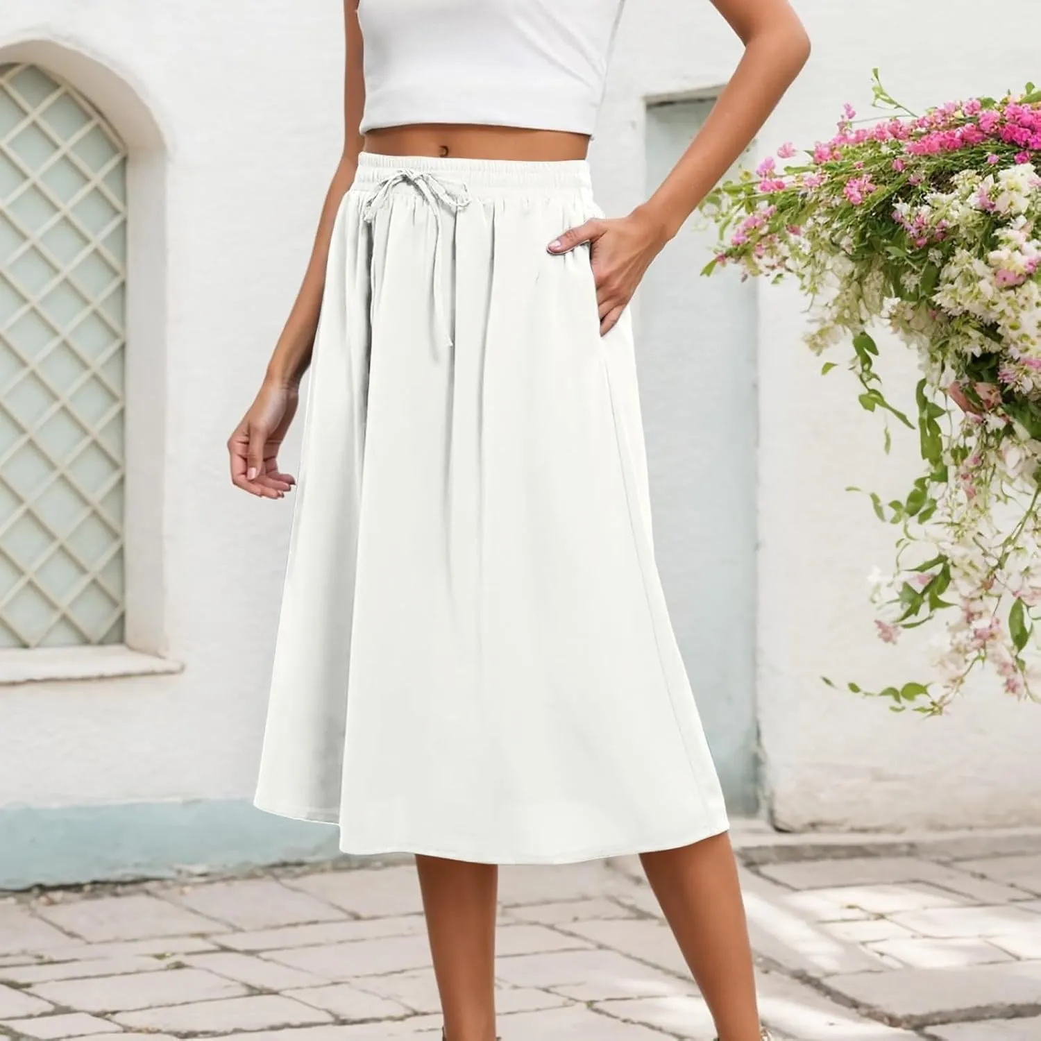 Midi Skirts for Women Summer Casual Flow A Line Elastic Tie Waist Swing Long Skirt Dress with Pockets Trendy Outfits