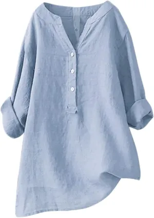 Mmoneyake Womens Cotton Linen Shirts Casual V Neck Oversized Tshirts Solid 3/4 Sleeve Tunic Tops Summer Blouses for Women