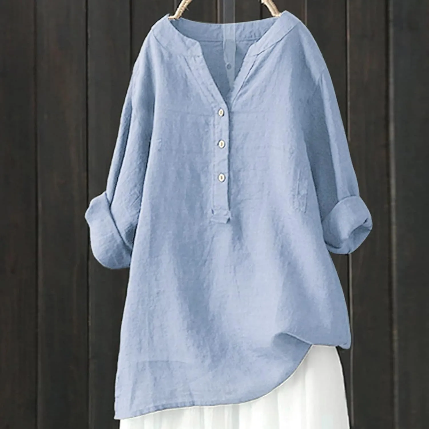 Mmoneyake Womens Cotton Linen Shirts Casual V Neck Oversized Tshirts Solid 3/4 Sleeve Tunic Tops Summer Blouses for Women