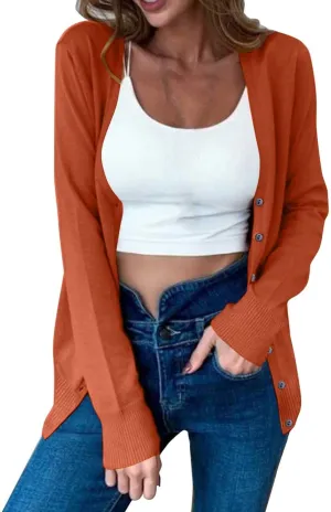 MRGIINRI Womens 2024 Fall Cardigan Sweaters Lightweight V-Neck Long Sleeve Open Front Button Up Knitted Cardigans Outerwear
