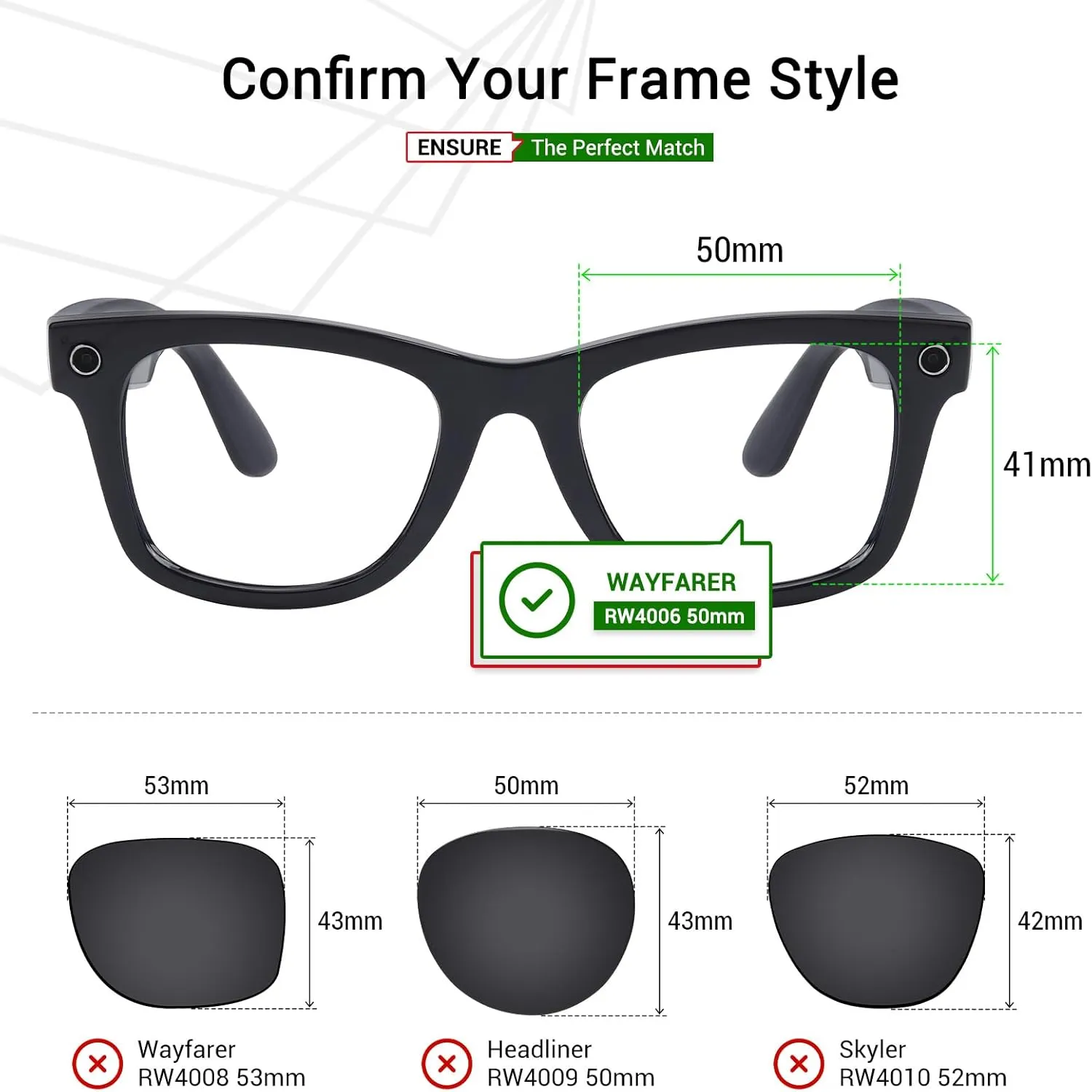 Mryok Replacement Lenses for Ray-Ban Meta Wayfarer RW4006 50mm Sunglass - Options