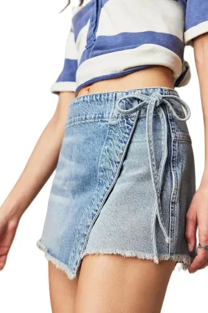 Mxiqqpltky Womens Denim Skorts Skirts Y2k High Waist Frayed Hem Denim Shorts Tie-up Side Jean Shorts Wrap Skirt