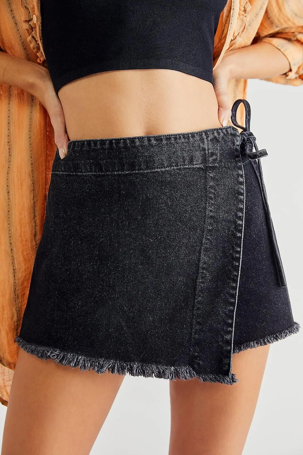 Mxiqqpltky Womens Denim Skorts Skirts Y2k High Waist Frayed Hem Denim Shorts Tie-up Side Jean Shorts Wrap Skirt