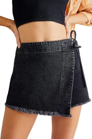 Mxiqqpltky Womens Denim Skorts Skirts Y2k High Waist Frayed Hem Denim Shorts Tie-up Side Jean Shorts Wrap Skirt