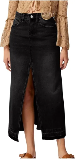 NATHGAM Women Long Denim Skirt Front Slit Midi Denim Skirt Y2K Fashion Streetwear High Waist Jean Pencil Skirt with Pockets
