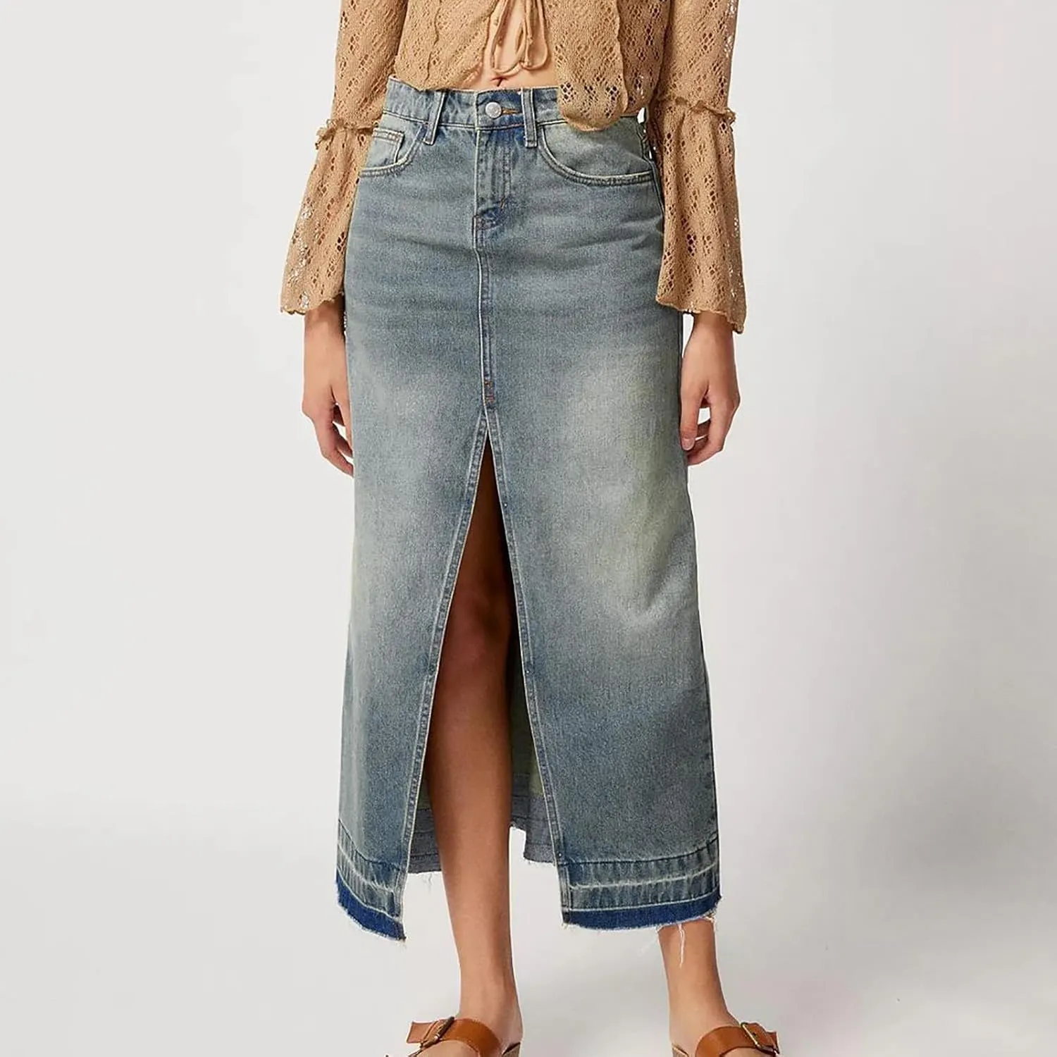 NATHGAM Women Long Denim Skirt Front Slit Midi Denim Skirt Y2K Fashion Streetwear High Waist Jean Pencil Skirt with Pockets