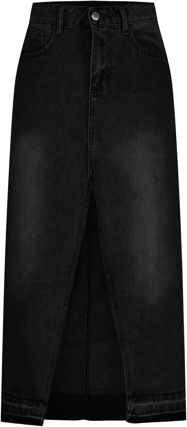 NATHGAM Women Long Denim Skirt Front Slit Midi Denim Skirt Y2K Fashion Streetwear High Waist Jean Pencil Skirt with Pockets