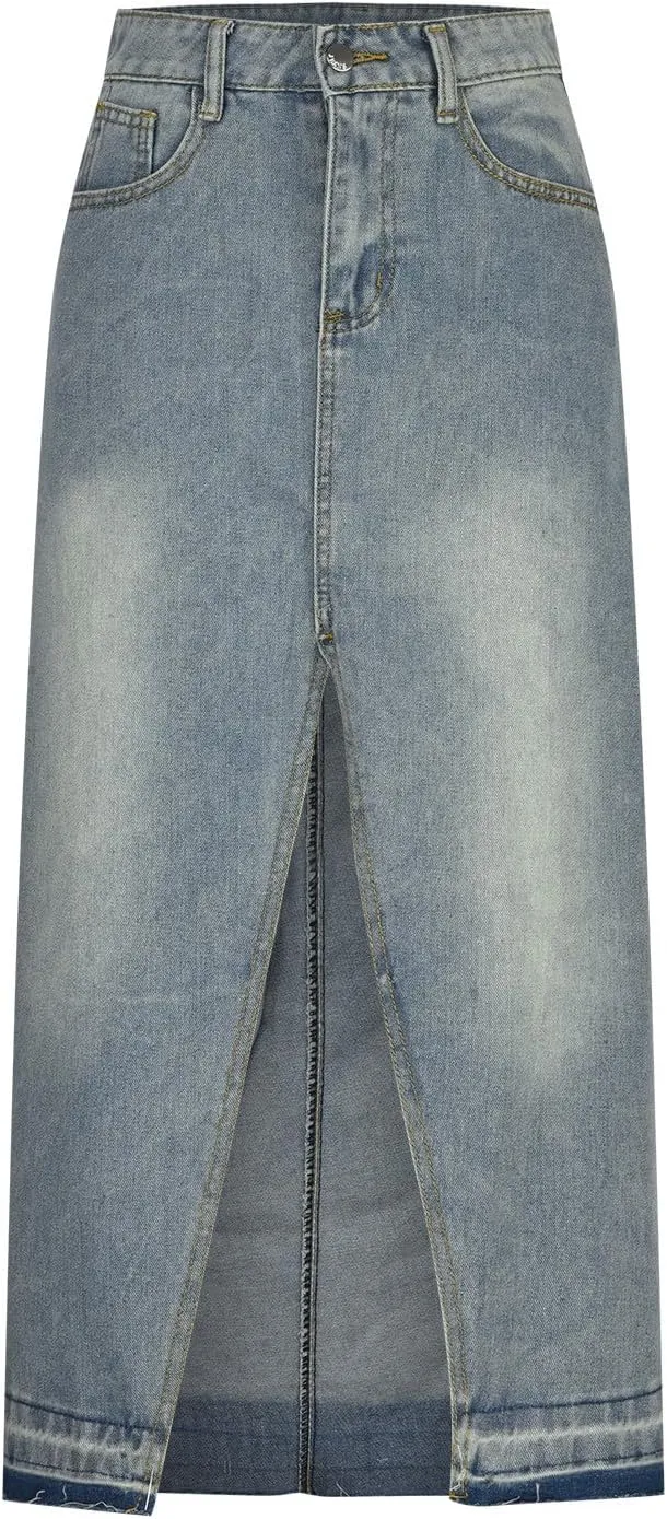 NATHGAM Women Long Denim Skirt Front Slit Midi Denim Skirt Y2K Fashion Streetwear High Waist Jean Pencil Skirt with Pockets