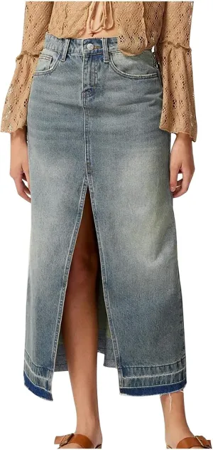 NATHGAM Women Long Denim Skirt Front Slit Midi Denim Skirt Y2K Fashion Streetwear High Waist Jean Pencil Skirt with Pockets